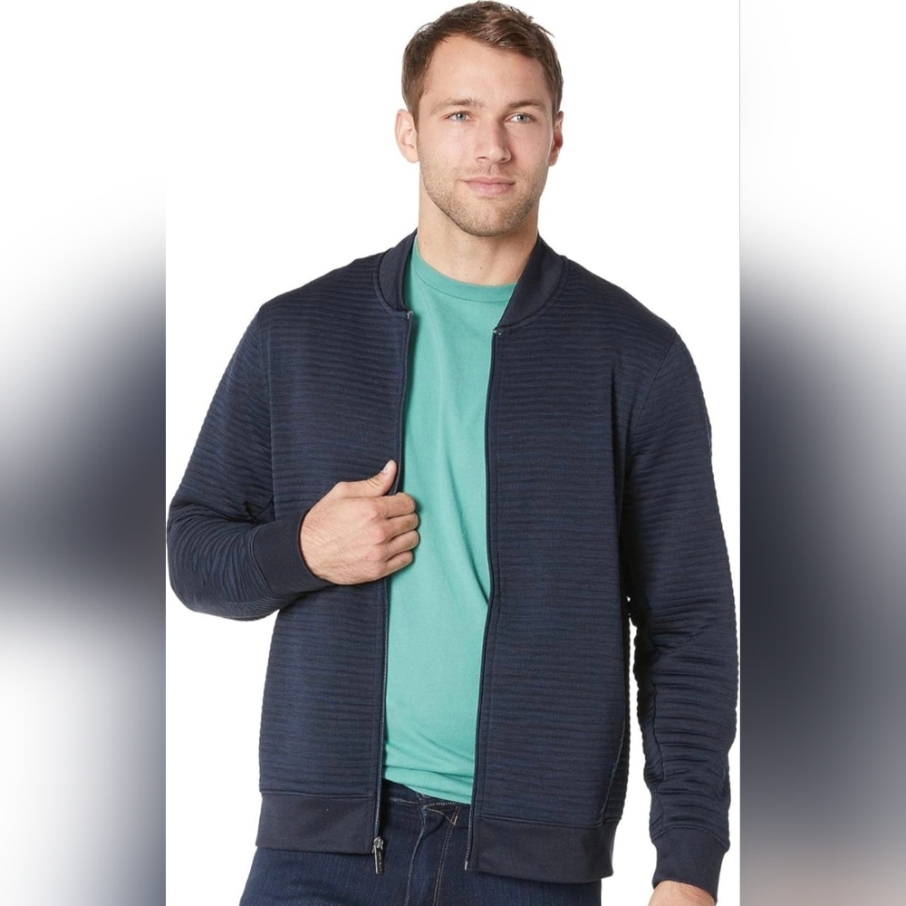 Perry Ellis Ottoman Ribbed Full Zip Bomber Jacket Navy Lightweight Men's Size L